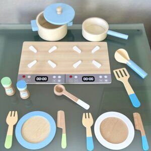 Unisex Wood Stovetop Cooking Kitchenware Dishes Playset Educational Role Play